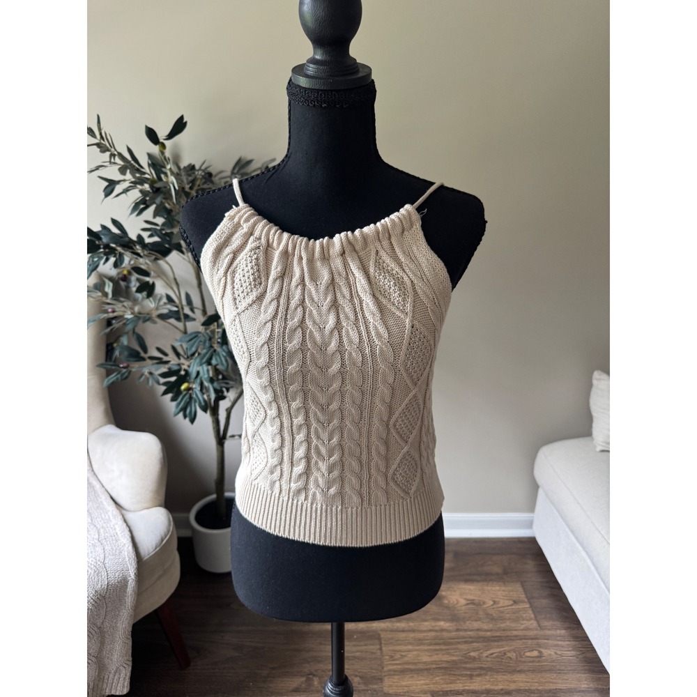 Beige Cable Knit Halter Top Open Back Tie Sleeveless Sweater L